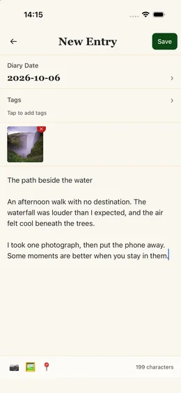 Writing a Stillbook entry with an attached waterfall photo