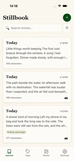 Stillbook journal with three entries and a Slow mornings tag